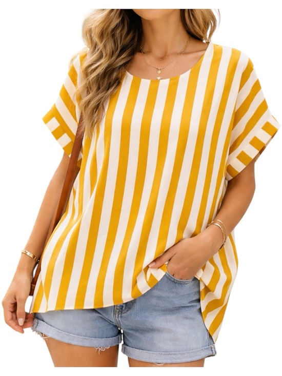 Umgee Tops - Umgee Large Mustard White Striped Oversized Blouse Cuffed Sleeve Top Large